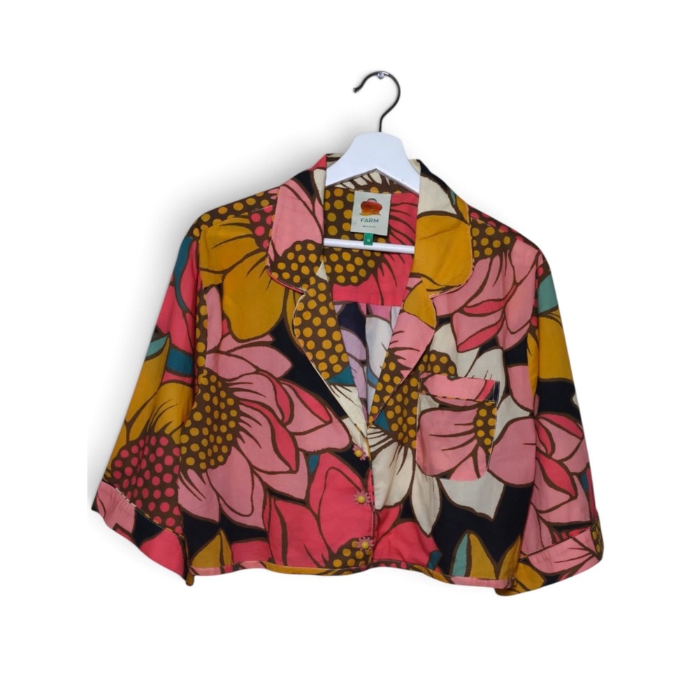 FARM Rio Cropped Floral Button Down Shirt Size M Multicolor Daisy Buttons Cotton